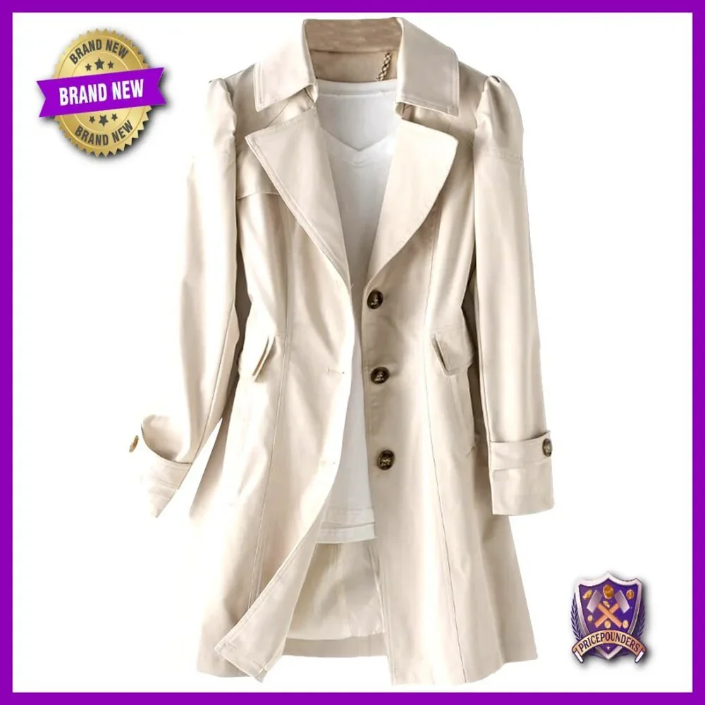 Classic Trench Coat Single Breasted Mid-Length Puff Sleeve Elegant Outerwear